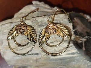 10K TwoTone Gold Rose Flower Floral Circle Dangle Earrings Marked MA 10K Peru - Picture 1 of 13