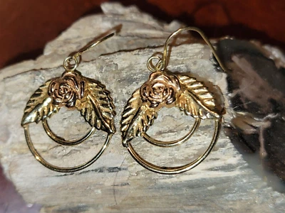 10K TwoTone Gold Rose Flower Floral Circle Dangle Earrings Marked MA 10K Peru - Image 1 of 4