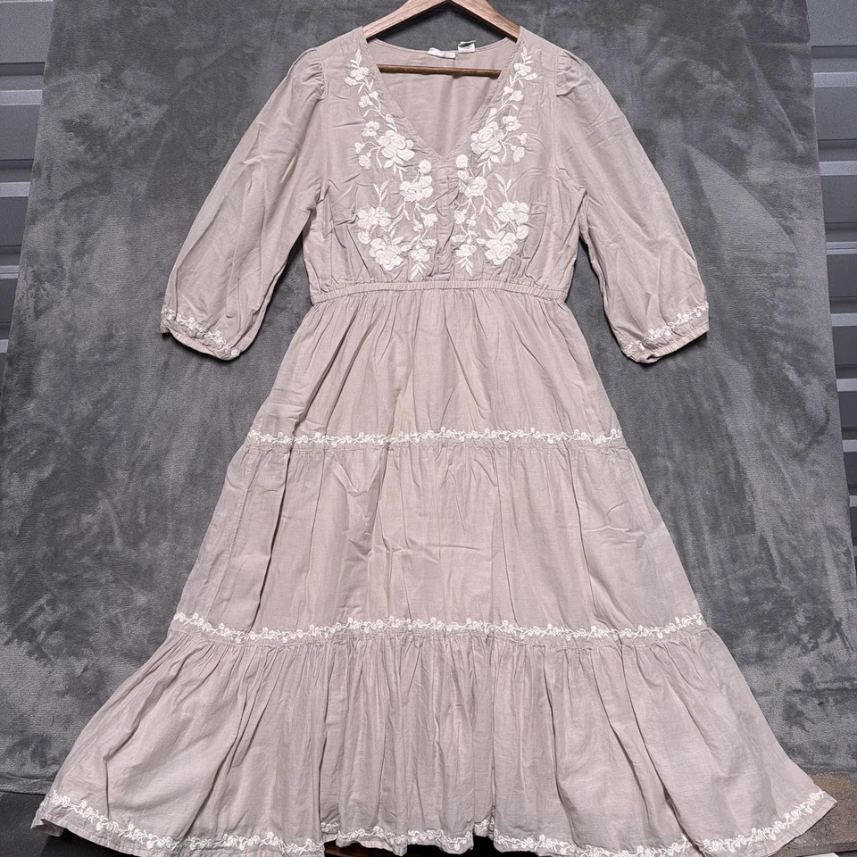 Vestido Lucky Brand para mujer grande beige bordado boho campesino en capas midi Foto 1 de 4