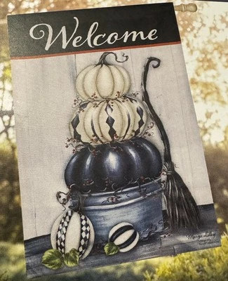 Stacked Pumpkin Witch Broom Fall Halloween House Welcome Black White Flag 28x43 - Image 1 of 4