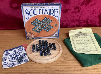 Vintage Wooden Solitaire Game with Glass Marbles & Original Box Travel Size - Image 1 of 4