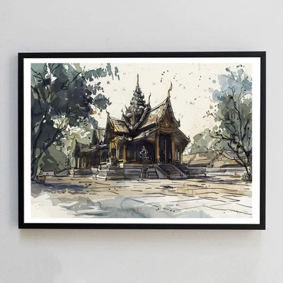 Temple Architecture Watercolour Painting Illustration 7x5 Wall Decor Art Print - Image 1 of 2
