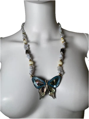 Vintage Lee Sands Mother of Pearl Butterfly Beaded Blue Lace Agate Necklace Boho - Image 1 of 4