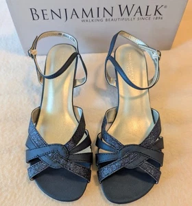Benjamin Walk Kitten Heel Ankle-Strap Sandal 8W Navy Glitter Sparkle Dressy NEW - Picture 1 of 6