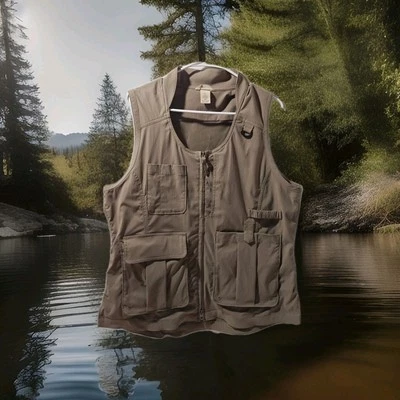Duluth Trading Sleeveless Utility Cargo Vest Fishing Ripstop Khaki Men's Large - Image 1 of 4