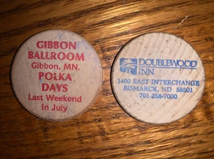 Rare Vintage Free Drink Wood Tokens (2) Doublewood Inn & Gibson Ballroom - Picture 1 of 2
