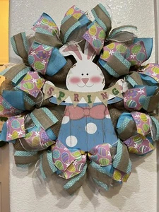 FARMHOUSE SPRING ๐ฐ Wreath Rustic BURLAP DECO MESH Egg 22" x 22" EASTER BUNNY - Picture 1 of 8