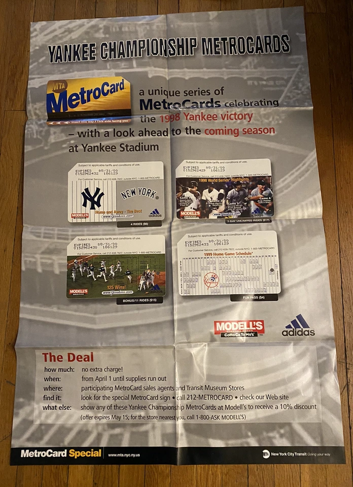 NY YANKEES 1998 WORLD SERIES  Metrocard SUBWAY POSTER. 29x44 Inches Rare. - Image 1 of 1