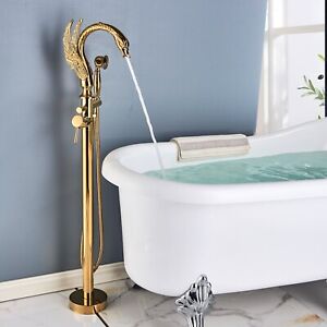 Gold Waterfall Bathtub Free Standing Tub Filler Mixer Taps Faucet Floor Mount UK