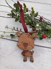 Handmade Laser Cut Reindeer Ornament with Ribbon Hanger, Barn Red Nose, Scarf