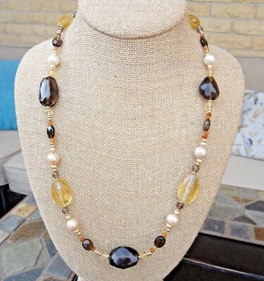 Collar con cuentas de oro de 14K de perlas de cuarzo ahumado y citrino rutilado marcado KTE Foto 1 de 4