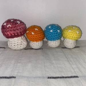 4 Piece Hand Crocheted Mushrooms - Picture 1 of 4