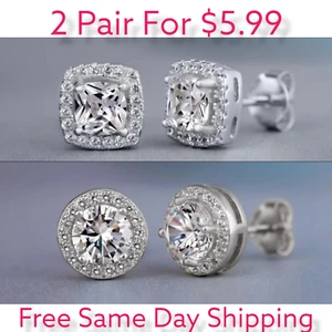 2Pair Silver Plated Stud Earrings With Cubic Zirconia For Men, Women, Unisex - Picture 1 of 2