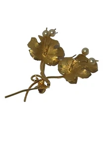 Vintage Lady Alice 1/20 12k GF Gold Filled Double Leaf Flower Pearls Brooch Pin - Picture 1 of 12