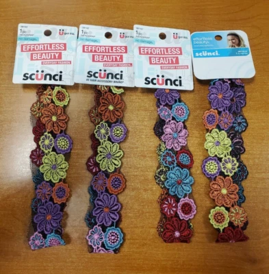 Paquete de 4: diadema de encaje con flores de color brillante envoltura para el cabello Scunci (1425-R9P1b) Foto 1 de 2