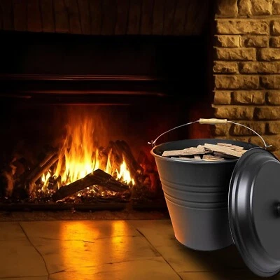 BRANDED CUBO DE CENIZAS DE METAL 12L CON TAPA MANGO DE MADERA CHIMENEA CONTENEDOR LITRO CUBO DE CARBÓN