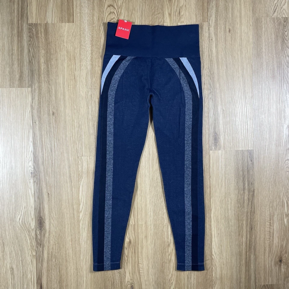 SPANX Navy Haze Blue Look at Me Now Seamless Track Stripe Leggings Size Medium