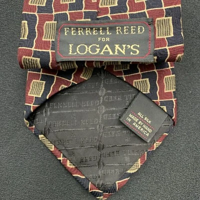 Ferrell Reed Logans Silk Mens Neck Tie Vintage Maroon Abstract Squares Designer - Image 1 of 4