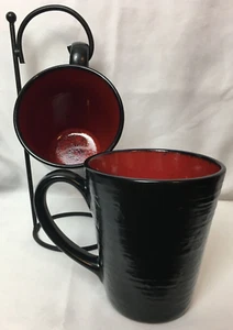 Red Solstice by Home Coffee Tea MUG 4 3/8" Black Outside w/ Red Inside ~ SET 2 - Picture 1 of 6