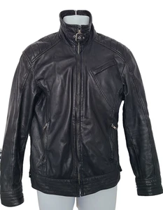 The Jacket Maker - Black Leather Full Zip Biker Jacket- UK Size M Destressed - Picture 1 of 7