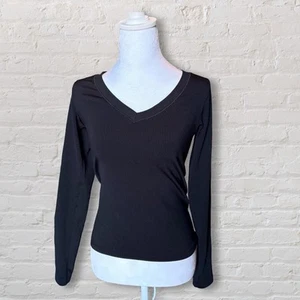 Athleta Shirt Womens Small Black Renew Seamless V Neck Long Sleeve Ribbed Active - Picture 1 of 4