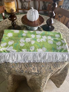 100% Cotton Bright Green White Flowers TableCloth 54”x95” + 3” Fringe Hand Sewn - Picture 1 of 11