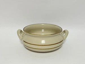 Vintage Tan Ceramic Soup Bowl with Handles, Striped Stoneware Pattern - Picture 1 of 9