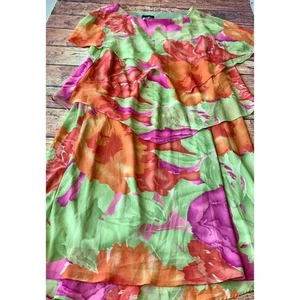 Positive Attitude Women's Blouson Dress Green Red Floral Lined Layers USA 20 - Picture 1 of 4