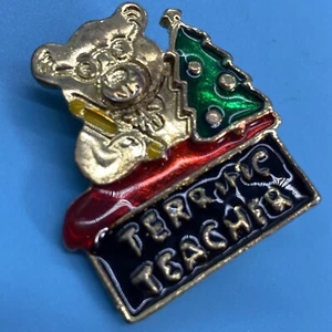 Terrific Teacher Enameled Gold-Tone Brooch "Terrific Teacher" Xmas Tree /Vintage - Picture 1 of 7