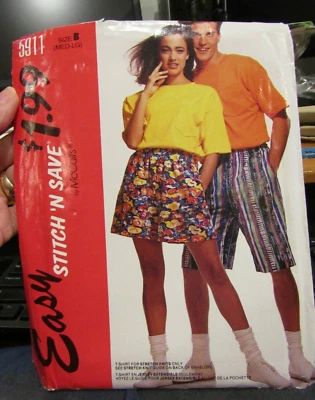 5911 Easy  McCalls SEWING Pattern Misses Men Teen Boys M L t-shirt shorts knits - Image 1 of 3