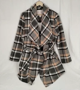 Revamped Outerwear Open Front Tie Waist Wrap Plaid Coat Brown & Gray Sz M - NWT - Picture 1 of 21