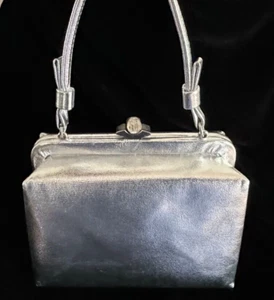 After Five Purse Silver Metallic Box Handbag Vintage Rhinestone Clasp & Bows - Picture 1 of 19