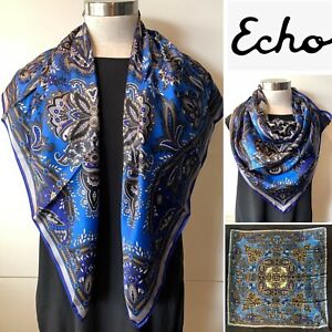 ECHO -NEW Silk Satin Blues,Silver Grey,Black Combo Paisley Floral Scarf 89x89cm 