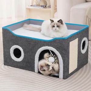 Cat Houses for Indoor Cats - Large Cat Bed Cave for Cat House with Scratch Pad a - Picture 1 of 12