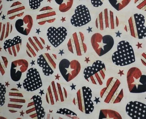 Patriotic Flag Hearts White Background Fabric 1/4 Yard Pre-washed Ready to Use - Picture 1 of 2