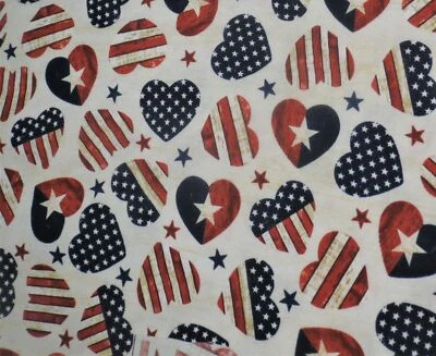 Patriotic Flag Hearts White Background Fabric 1/4 Yard Pre-washed Ready to Use - Image 1 of 2