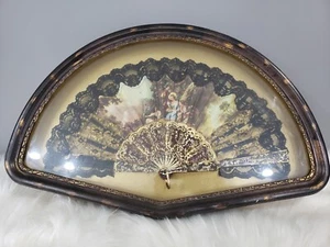 RARE GOLD LACE Antique Victorian fan wood frame glass cherub garden angel scene - Picture 1 of 12