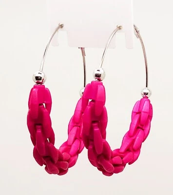 Boho Grande 2.5 pulgadas simple color fucsia cuentas de plástico moda plata aro pendiente Foto 1 de 3