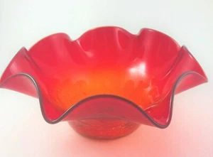 Fall Red Ruffled Edge Pilgram Glass Bowl Crackle Glass 8.5” Wide Orange VTG - Picture 1 of 8