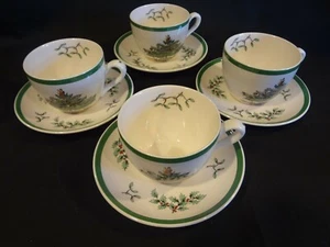 Spode China Christmas Tree Green Edge Cups and Saucers - Set of 4 - Picture 1 of 6
