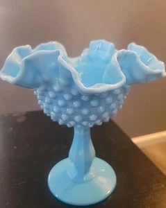 Vintage Fenton? Blue Ruffled Rim Hobnail Glass Compote 6 Inch - Picture 1 of 7