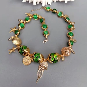 Collana con ciondolo pavè zirconi placcati oro perle Murano verdi gioielli da donna - Foto 1 di 5