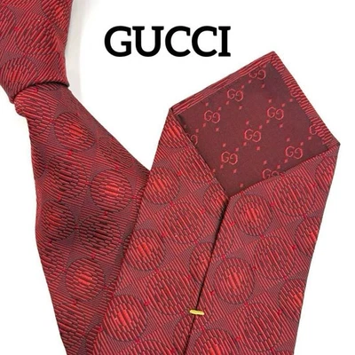 GUCCI 男式丝绸领带红色 GG Monogram 圆提花图案意大利复古 3.7 — 第 1/4 张图片