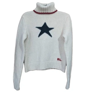 Ralph Lauren Rare Big Star Stripes RL Logo Wool Silk Chunky Knit Jumper S Petite - Picture 1 of 9