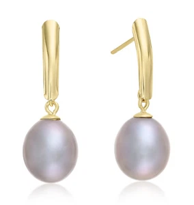 14K Echt Massiv Gold Natur Grau Oval Süßwasser Kultivierte Perlenstecker Ohrringe - Bild 1 von 6