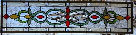 Stained Glass Transom window hanging 31 3/4X 9   incl hooks Brass Frame Cover