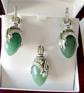 SUPERB ENAMEL EGG PENDANT & EARRINGS SET STERLING 925 GENUINE GREEN JADE - Picture 1 of 3