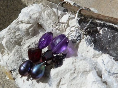 Orecchini,Argento,Ametiste,Granati e Perle D'Acqua Dolce - Immagine 1 di 4