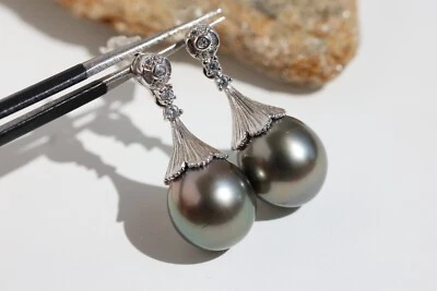 boucles d'oreilles argent perles noires de Tahiti véritables naturelles dia 10mm - Imagen 1 de 4