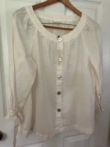 Max Studio  White Linen/Cotton  Buttons 3/4 slvs T-shirt  Blouse Tunic Top M - Picture 1 of 13